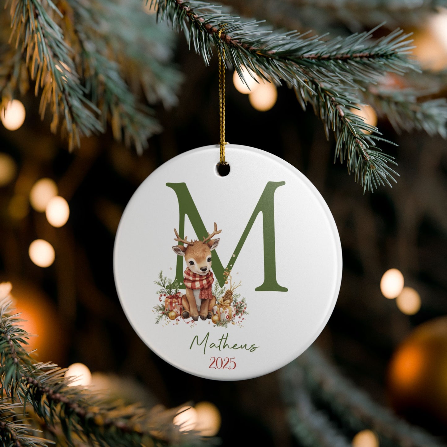 Baby Deer Monogram Ornament — Ceramic Christmas Ornament with Name & Year (2025)