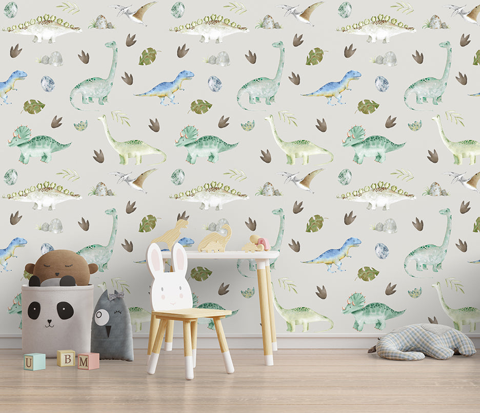 Ana Cecilia Mannaert watercolor Dinosaurs Pattern Digital Download Printable Kit with dinosaurs leaves eggs numbers footprints sample wallpaper
