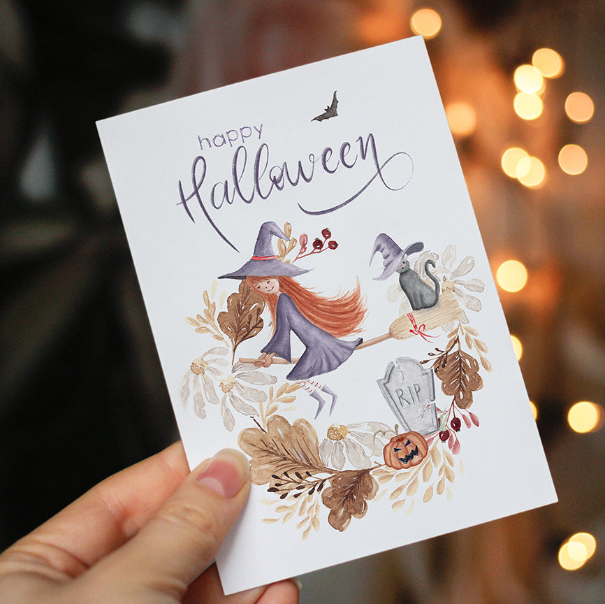 Ana Cecilia Mannaert watercolor Happy Halloween Printable Card white background with witch pumpkins cat with hat leaves Digital Download