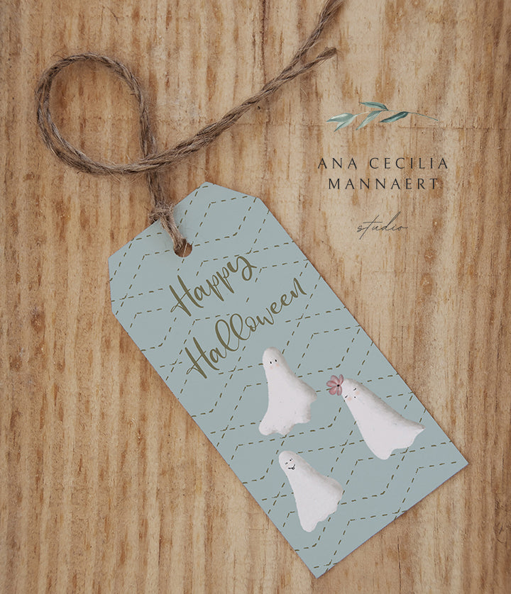 Ana Cecilia Mannaert watercolor Happy Halloween White Ghost Blue Background Printable Tags Digital Download 9