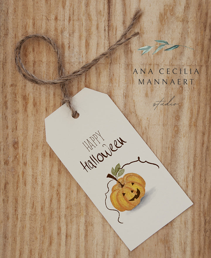 Ana Cecilia Mannaert watercolor Happy Halloween Printable 9 nine tags with pumpkin Digital Download