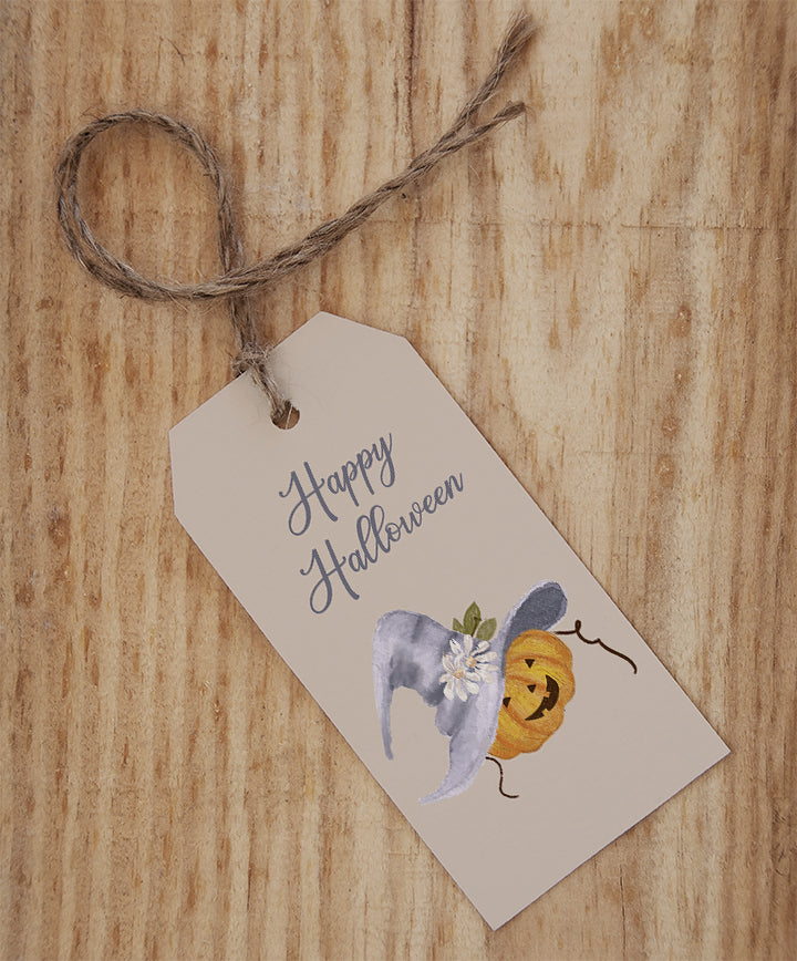Ana Cecilia Mannaert watercolor Happy Halloween Pumpkin With Hat Beige Background Printable Tags Digital Download