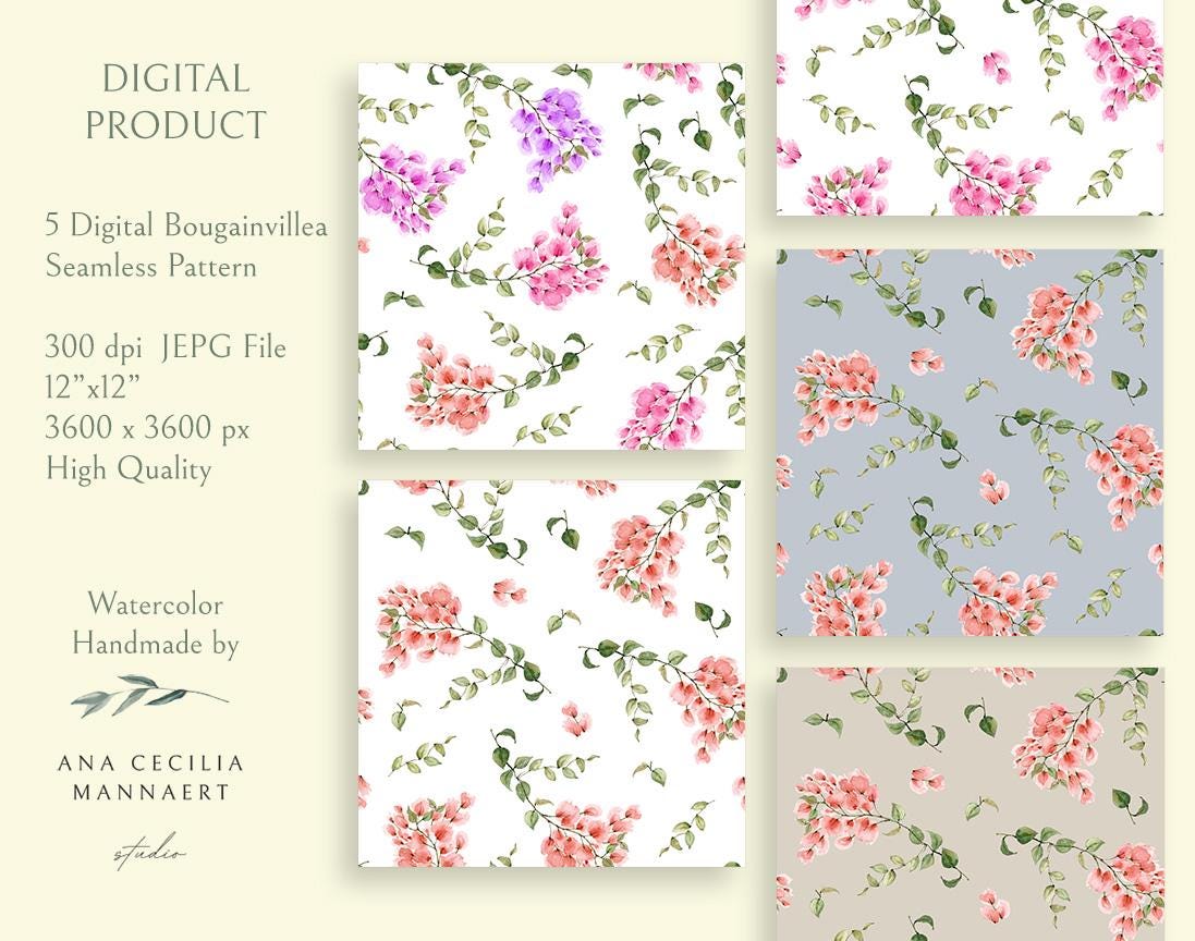 Watercolor Summer Flowers Bougainvillea, Flower Pattern Digital Download Seamless Scrapbook Paper Colorful