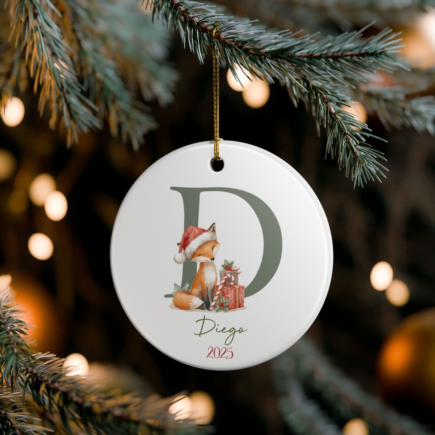 Personalized Fox Monogram Ornament — Ceramic Christmas Ornament with Name & Year (2025)