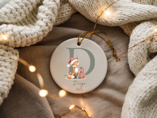 Personalized Fox Monogram Ornament — Ceramic Christmas Ornament with Name & Year (2025)