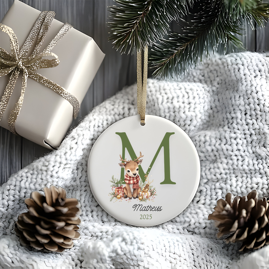 Baby Deer Monogram Ornament — Ceramic Christmas Ornament with Name & Year (2025)