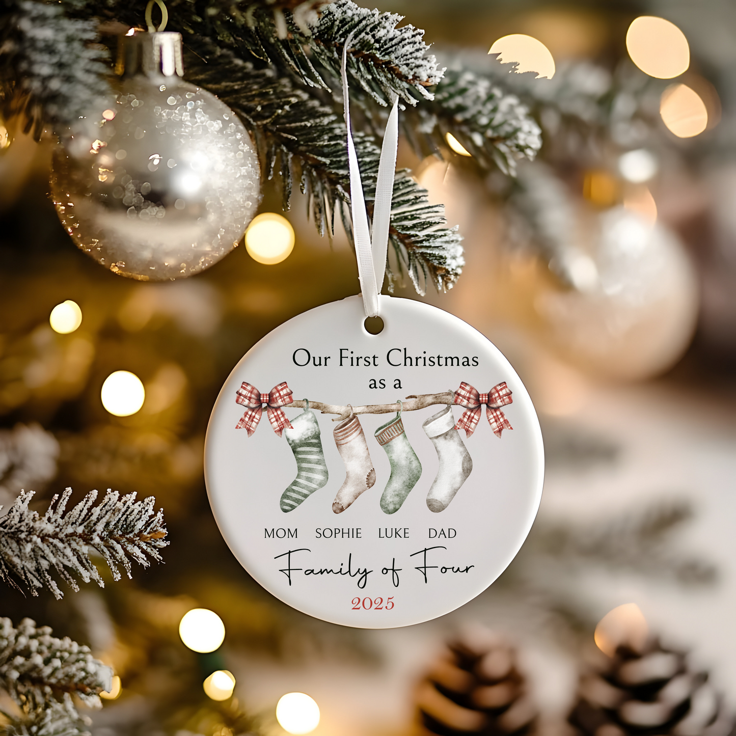 Family of Four First Christmas Ornament Personalized Ceramic Holiday Decoration 2025