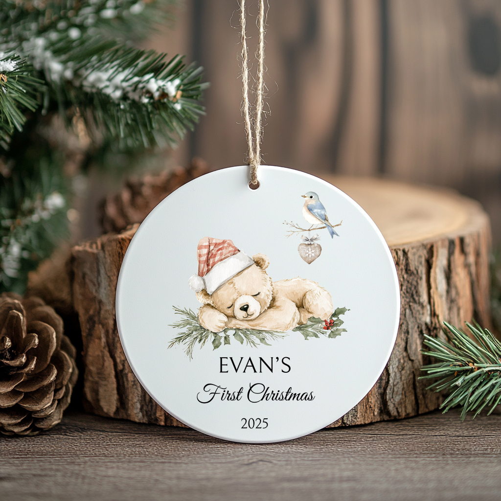 Baby Bear Christmas Ceramic Ornament with Name & Year (2025)