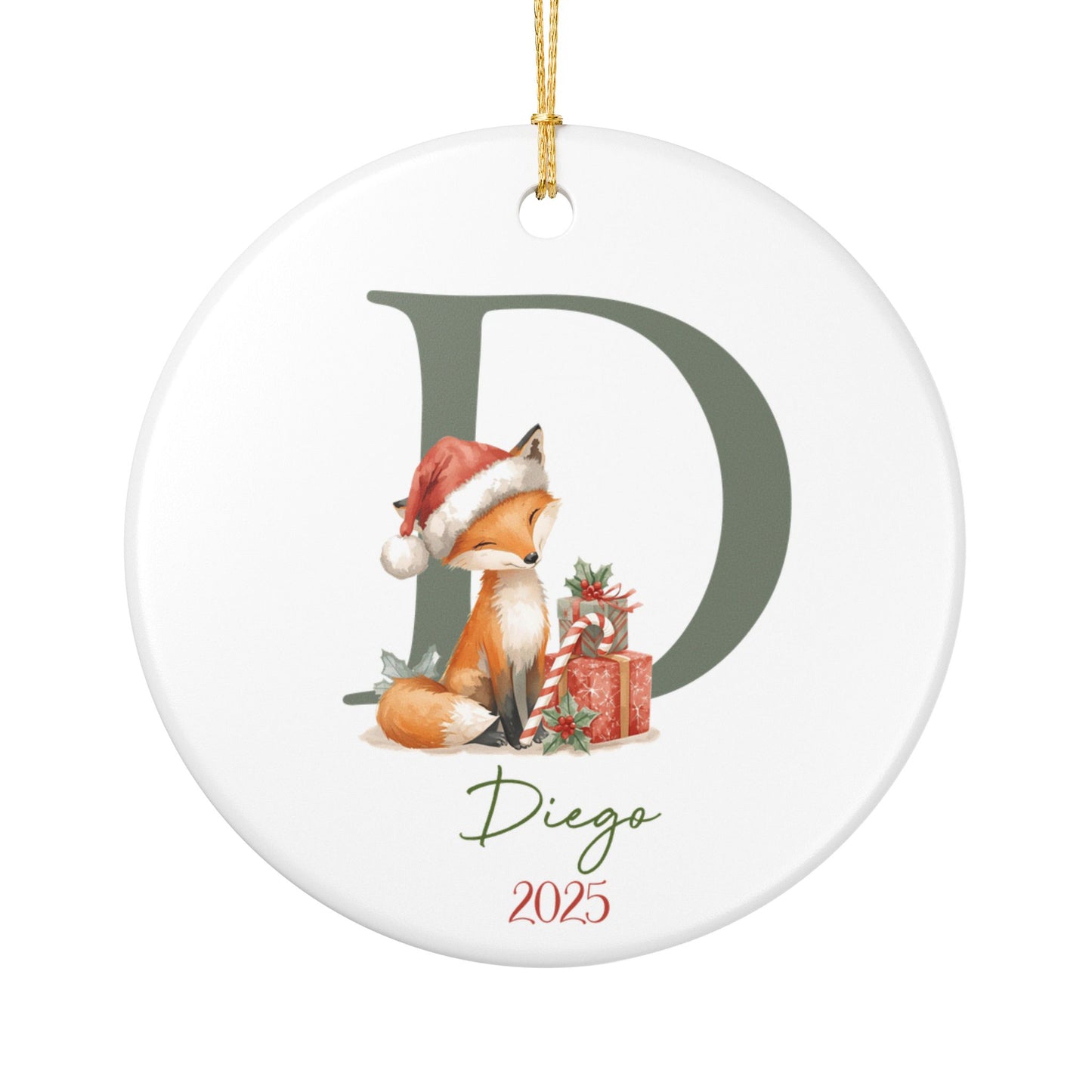 Personalized Fox Monogram Ornament — Ceramic Christmas Ornament with Name & Year (2025)