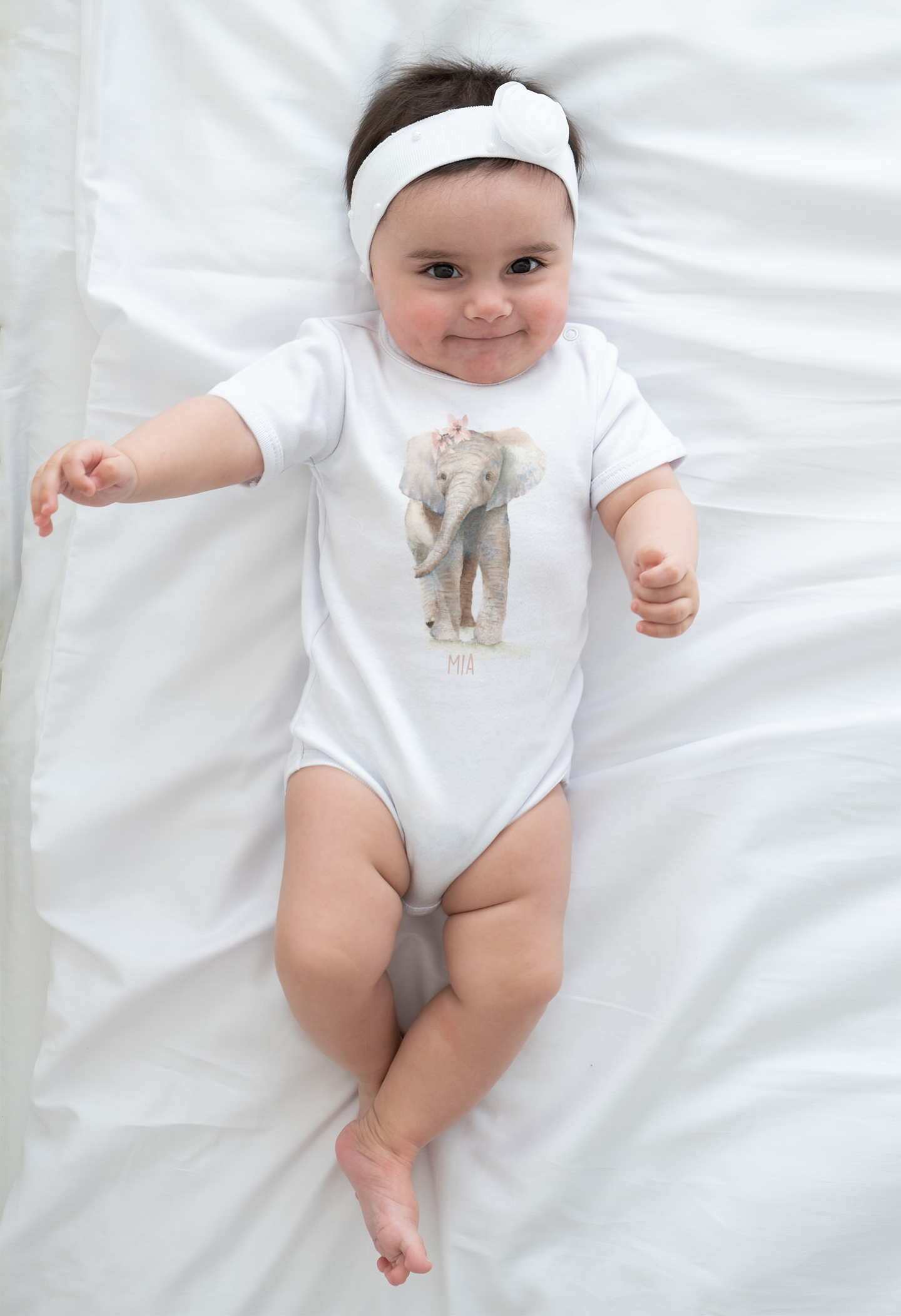 Personalize Baby Short Sleeve Bodysuit, Custom Name, Elephant Baby, Watercolor