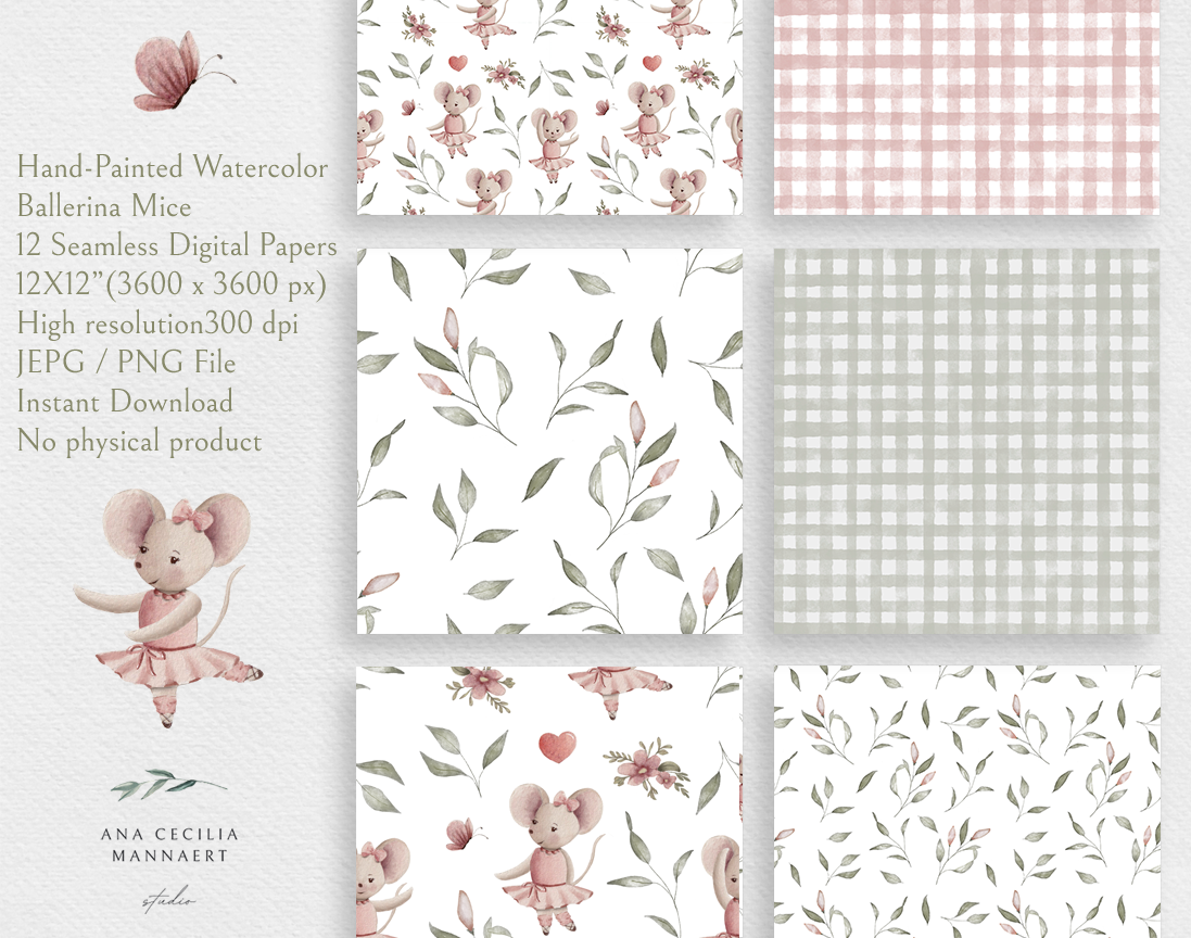 Hand-Painted Watercolor Ballerina Mouse Seamless Digital Papers