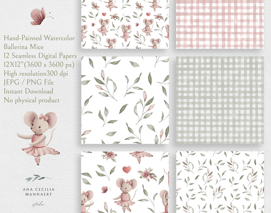 Hand-Painted Watercolor Ballerina Mouse Seamless Digital Papers