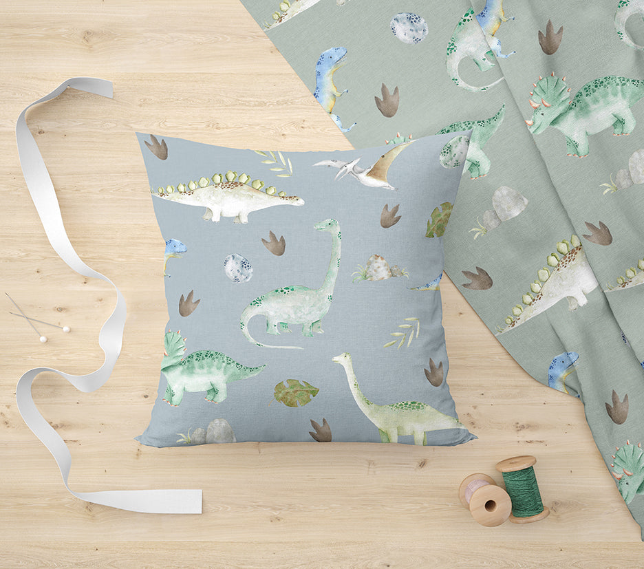 Ana Cecilia Mannaert watercolor Dinosaurs Pattern Digital Download Printable Kit with dinosaurs leaves eggs numbers footprints sample cushion and curtains