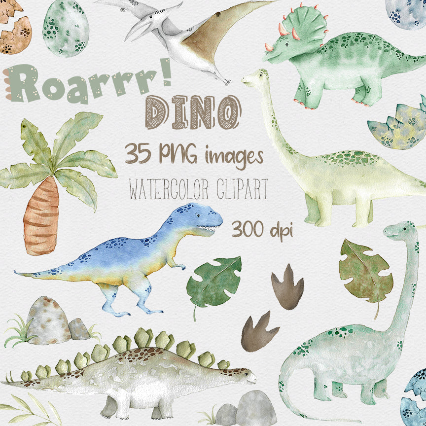 Ana Cecilia Mannaert Watercolor Dinosaurs Digital Download Printable Kit with dinosaurs leaves eggs numbers footprints 