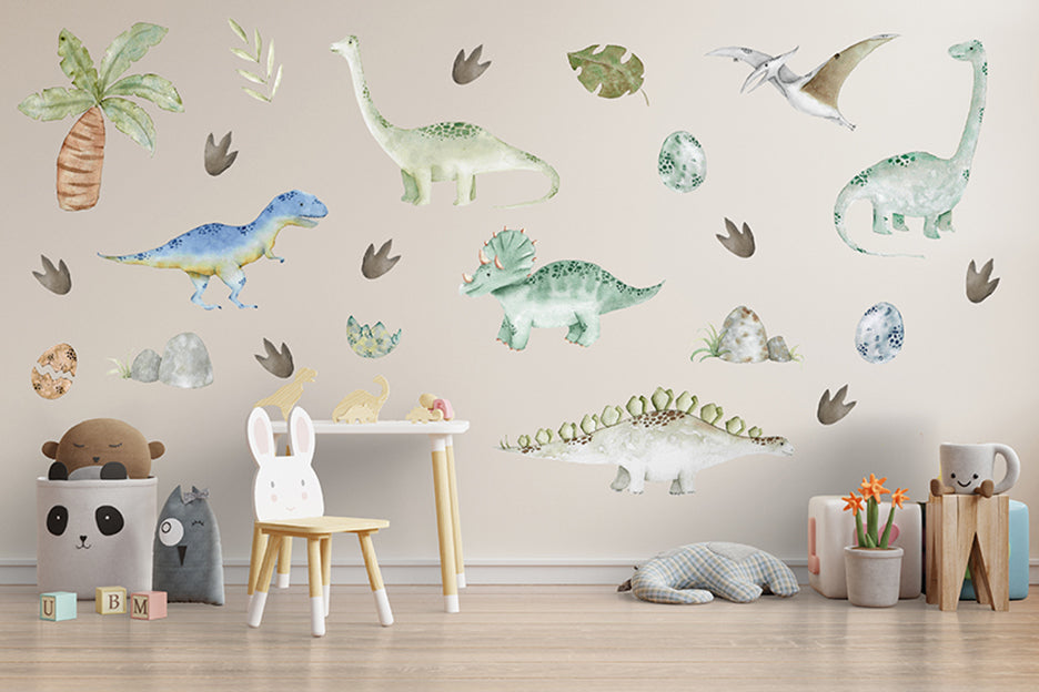 Ana Cecilia Mannaert watercolor Dinosaurs Digital Download Printable Kit wallpaper with dinosaurs leaves eggs numbers footprints sample wallpaper light background