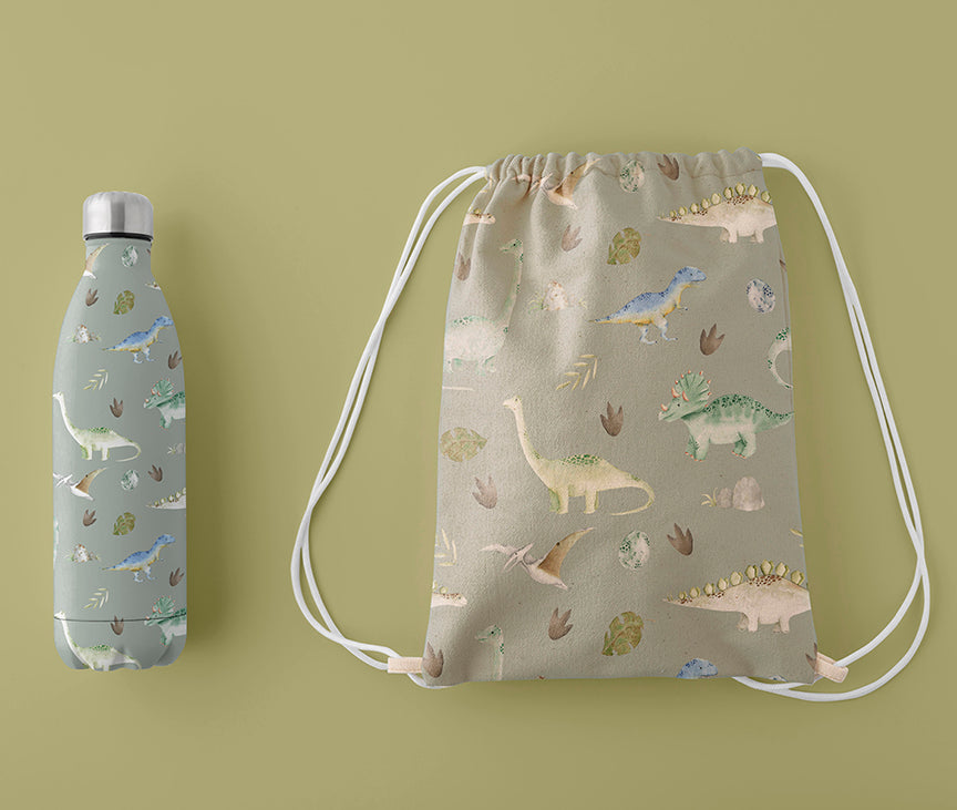 Ana Cecilia Mannaert watercolor Dinosaurs Digital Download Printable Kit bag and water bottle  with dinosaurs leaves eggs footprints  sample bag and water bottle