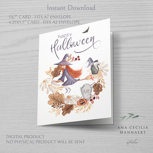 Ana Cecilia Mannaert watercolor Happy Halloween Printable Card white background with witch pumpkins cat with hat leaves Digital Download