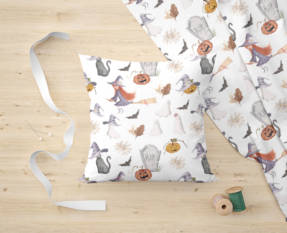 Ana Cecilia Mannaert Watercolor Halloween pattern white background with witch pumpkins with ghosts bat cat with hat Digital Download sample cushion