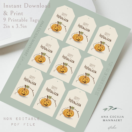 Ana Cecilia Mannaert watercolor Happy Halloween Printable 9 nine tags with pumpkin Digital Download