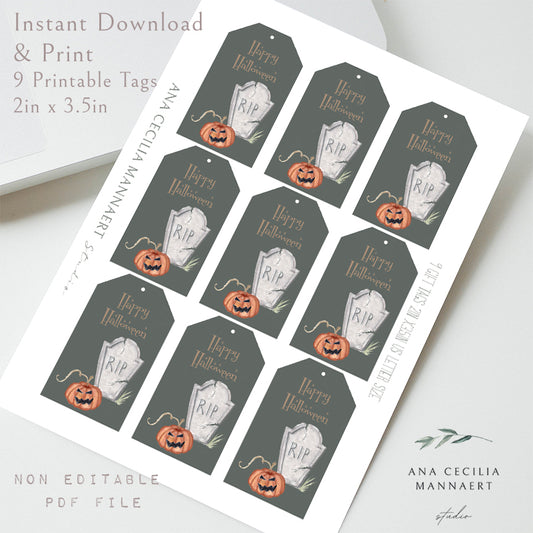 Ana Cecilia Mannaert watercolor Happy Halloween RIP with Pumpkin dark background Printable Tags 9 nine tags Digital Download