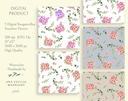 Watercolor Summer Flowers Bougainvillea, Flower Pattern Digital Download Seamless Scrapbook Paper Colorful